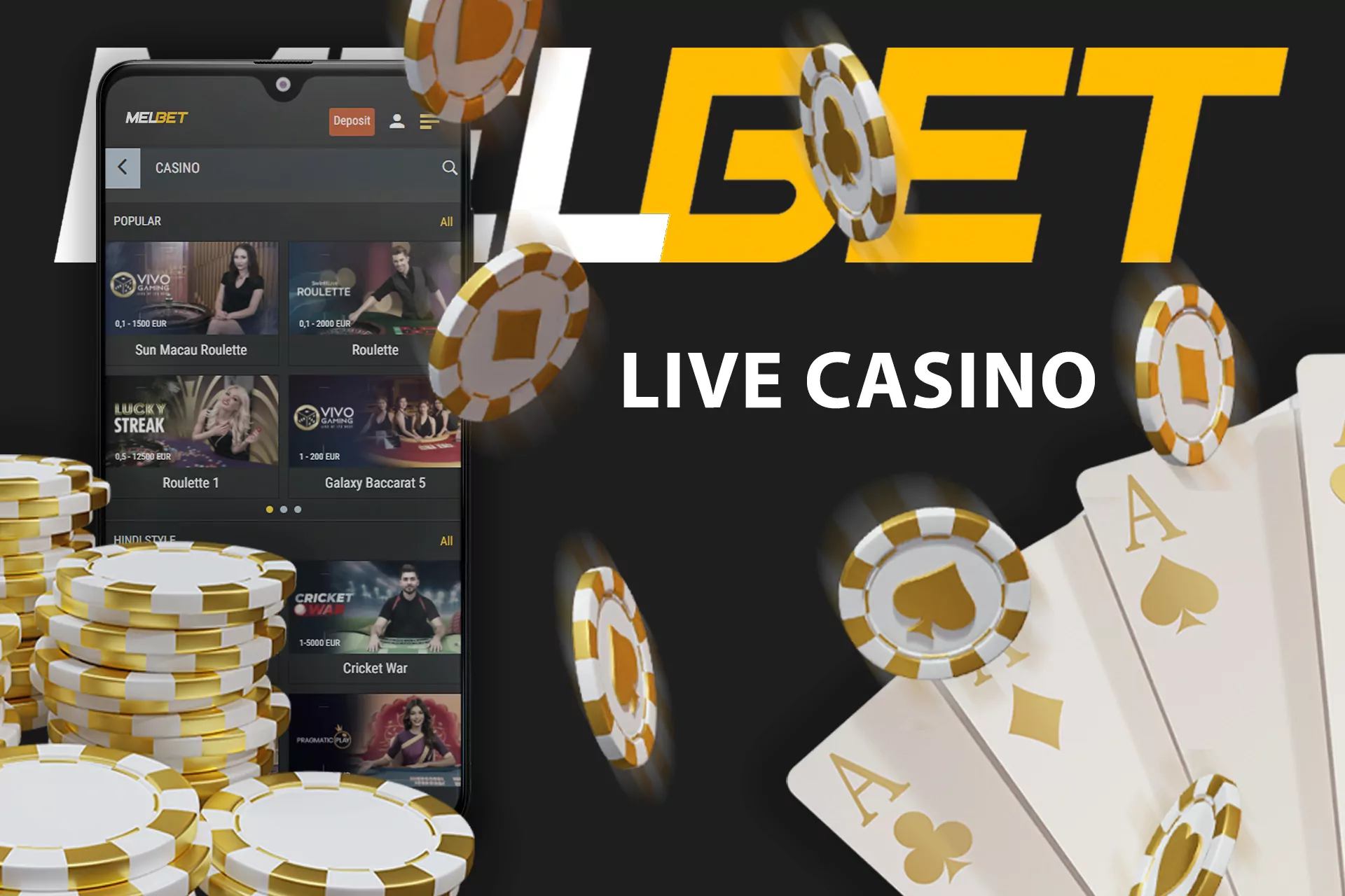 In the Melbet live casino, you can play table games with real dealers online.