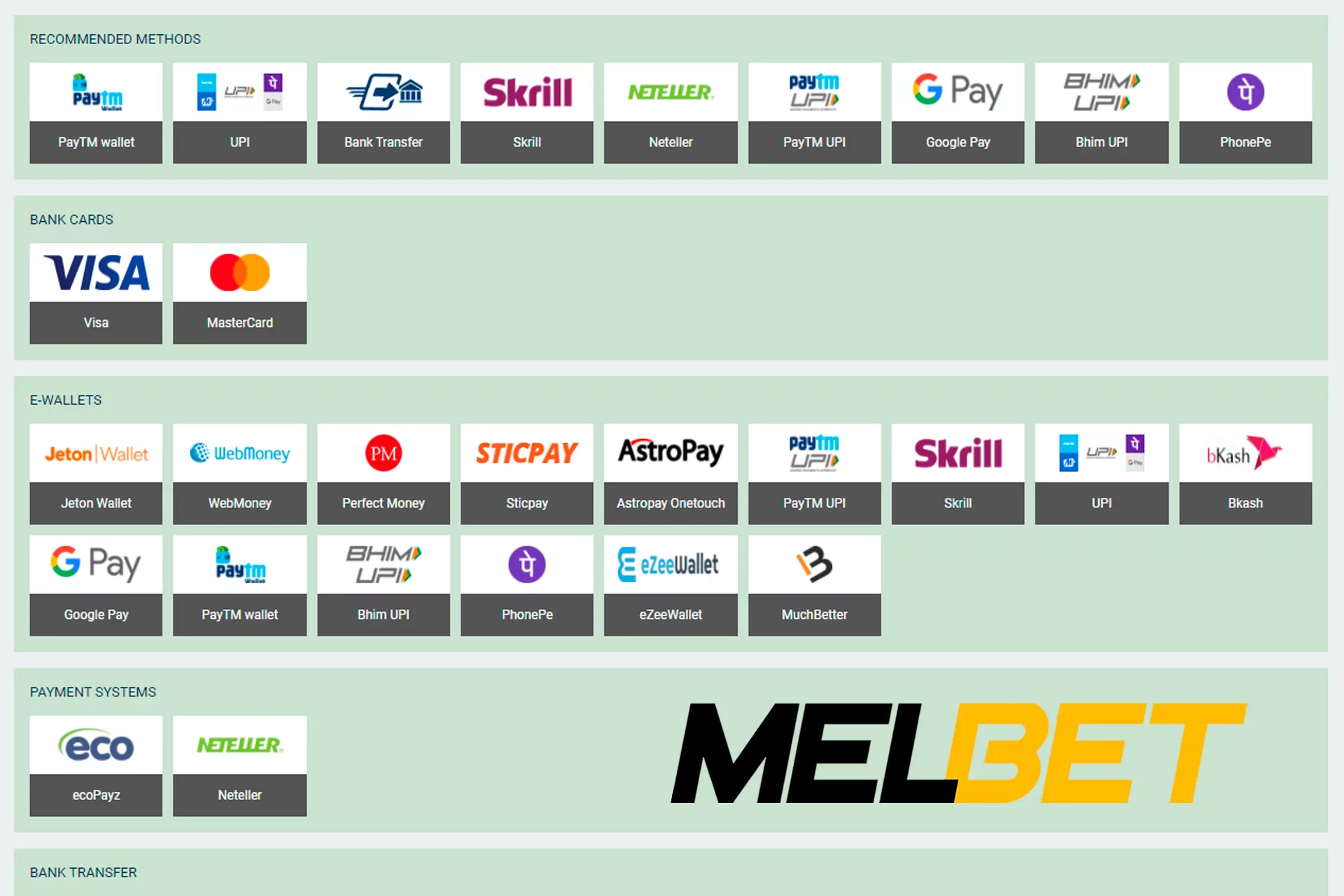 To deposit to Melbet you can use any available in Bangladesh payment systems.