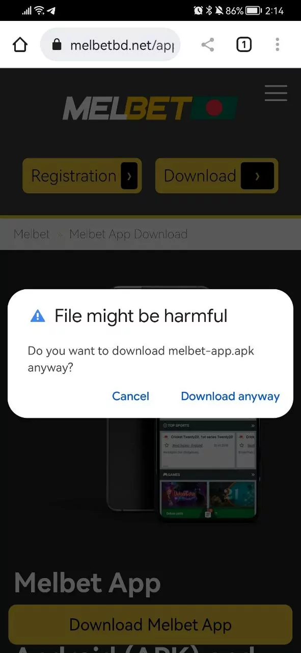 Wait until you download Melbet installation file to your smartphone.