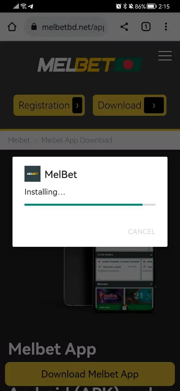 Complete the installation of the Melbet app.