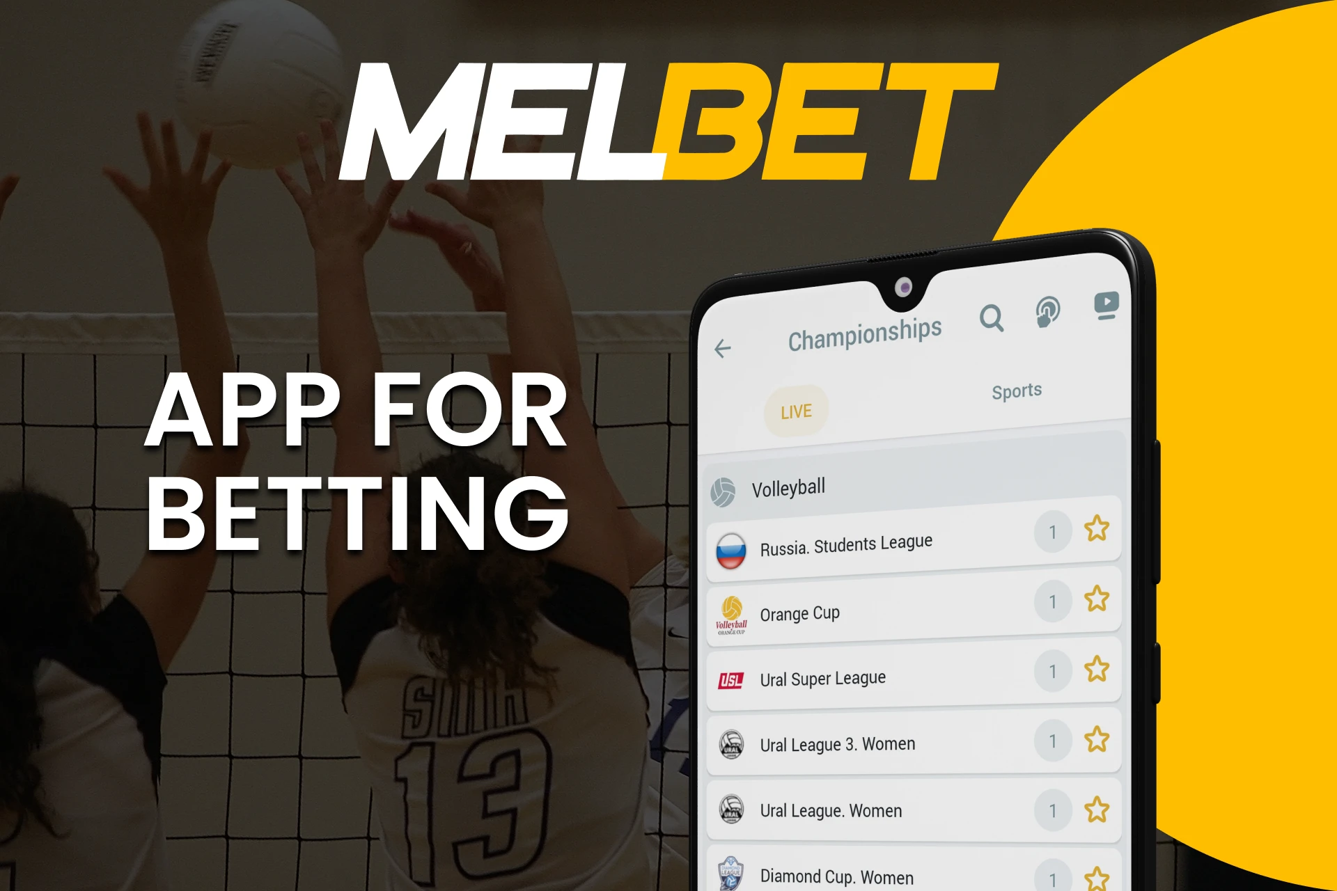 Download the Melbet app for volleyball betting.