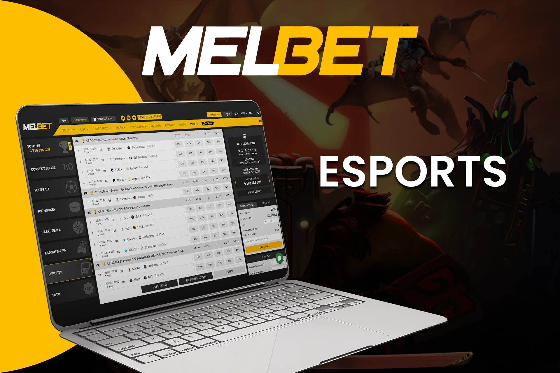 To bet on TOTO, choose the eSports section.