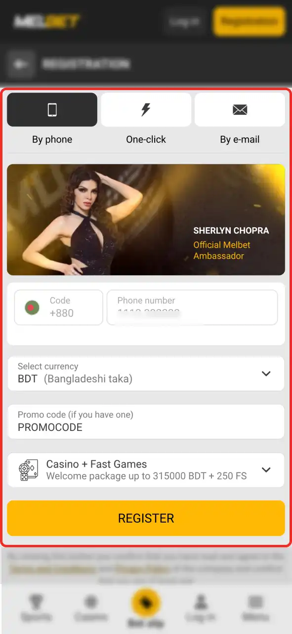 Fill in the registration form with the required data to get Melbet welcome bonus.