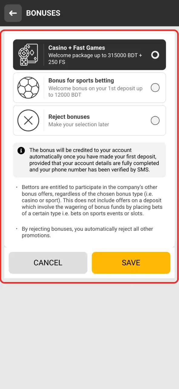 Choose the Melbet bonus you would like to receive after creating an account.