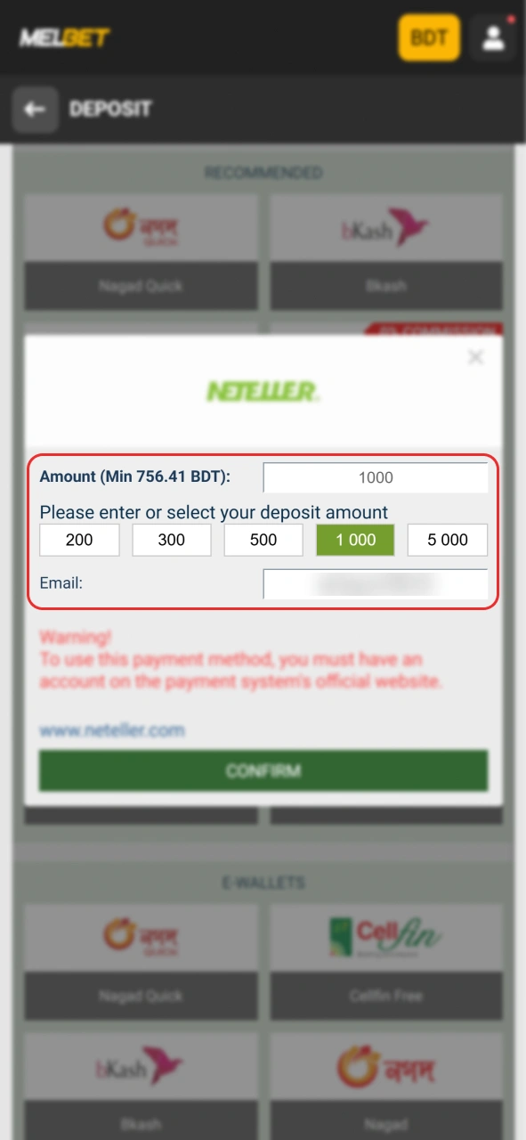 Select your preferred Melbet deposit method.