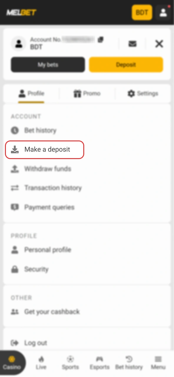 Open the Melbet deposit section to fund your account.