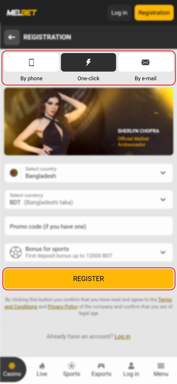 Create your new player account to start betting on official Melbet website.