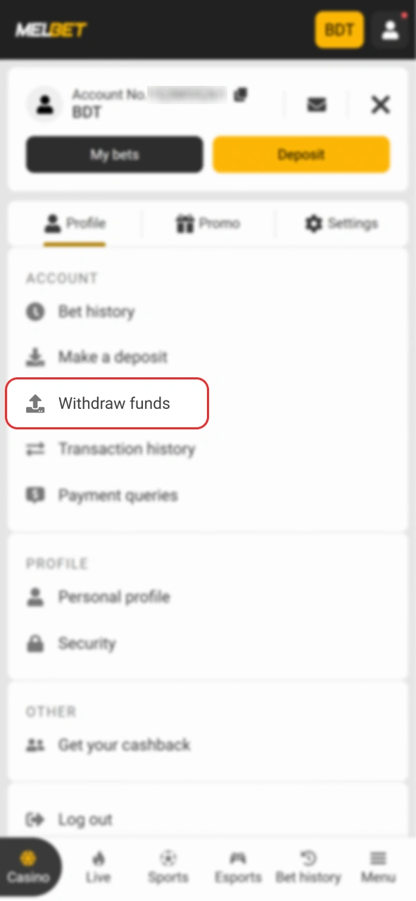 Navigate to the withdrawal section within the official Melbet platform.