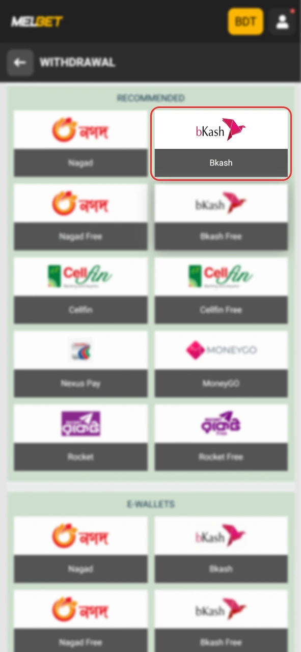 Select your preferred withdrawal system on the Melbet website.