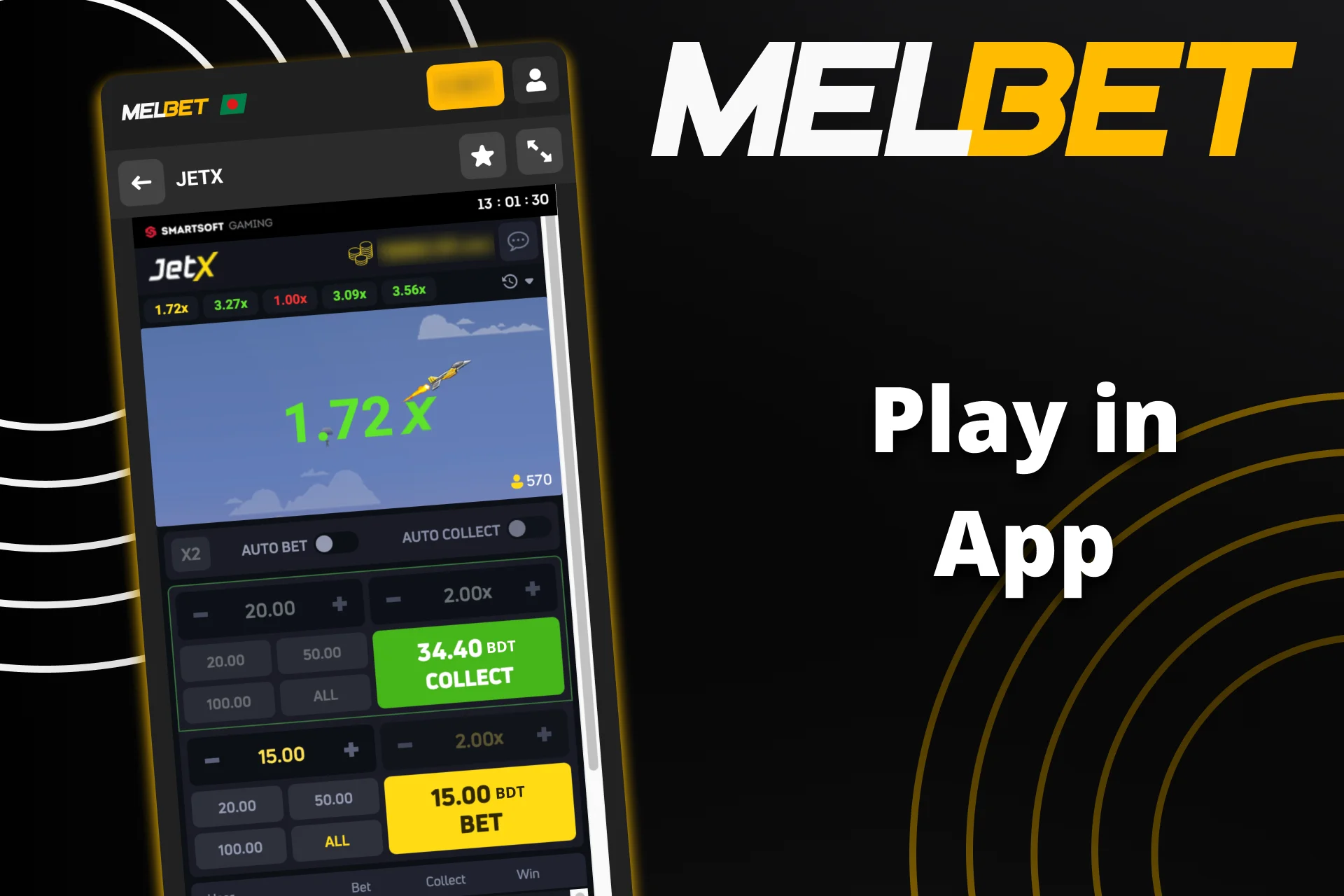 Download the Melbet app and play JetX.