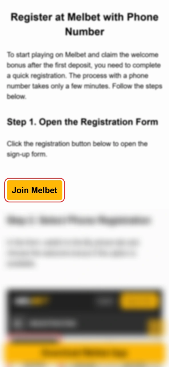 Open the Melbet sign-up form on the official site.