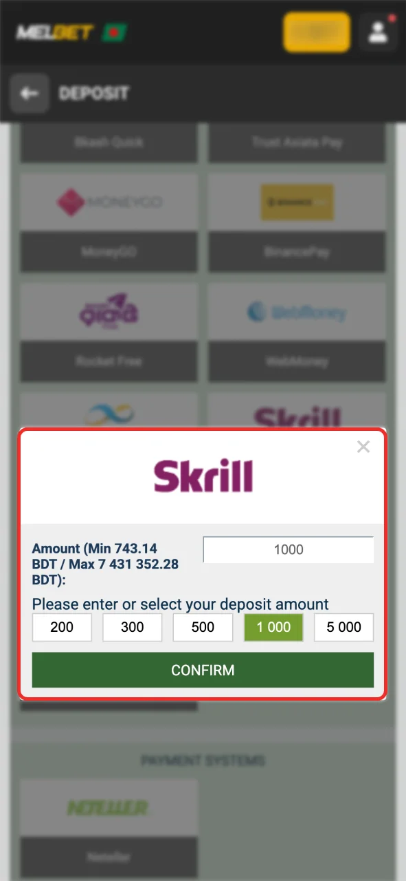 Click the deposit button and play at Melbet.