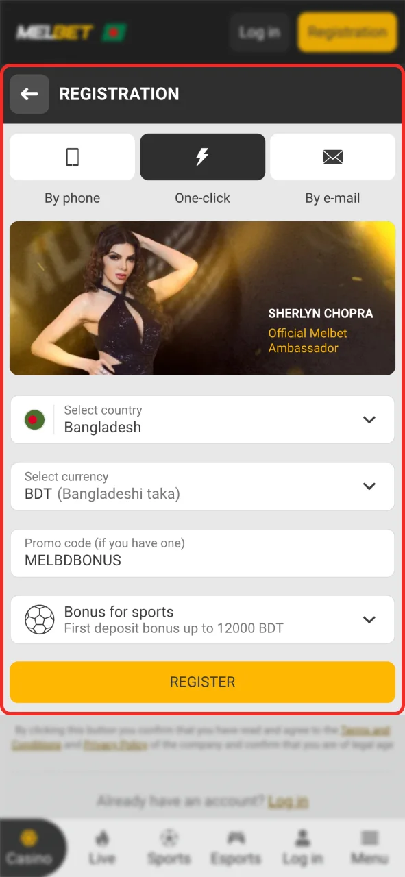 Click the registration button at Melbet casino and join.