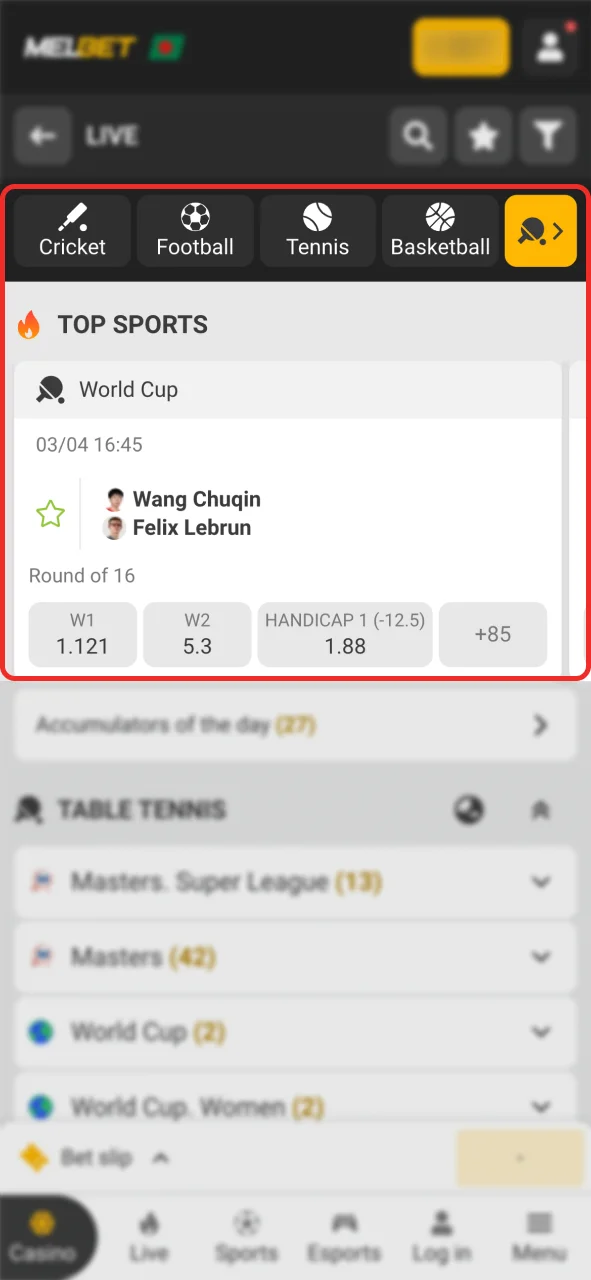 Access the sports section and find table tennis at Melbet.