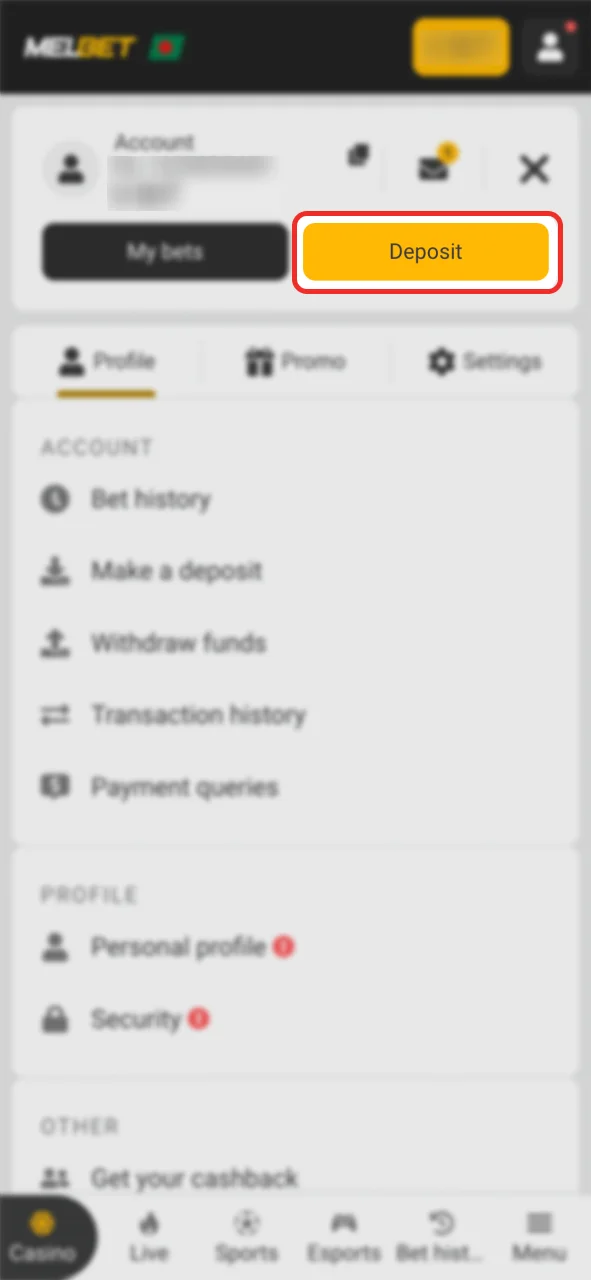 Click the deposit button to fund Melbet.