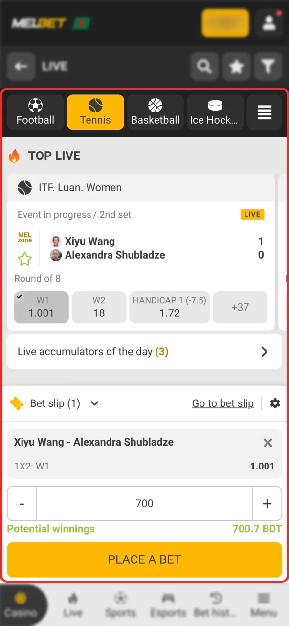 Pick a tennis match and bet at Melbet.