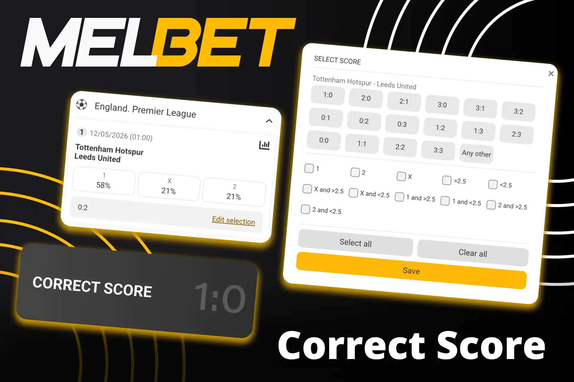 Melbet TOTO Correct Score খেলুন এবং সঠিক ফুটবল পূর্বাভাস থেকে পুরস্কার অর্জন করুন।