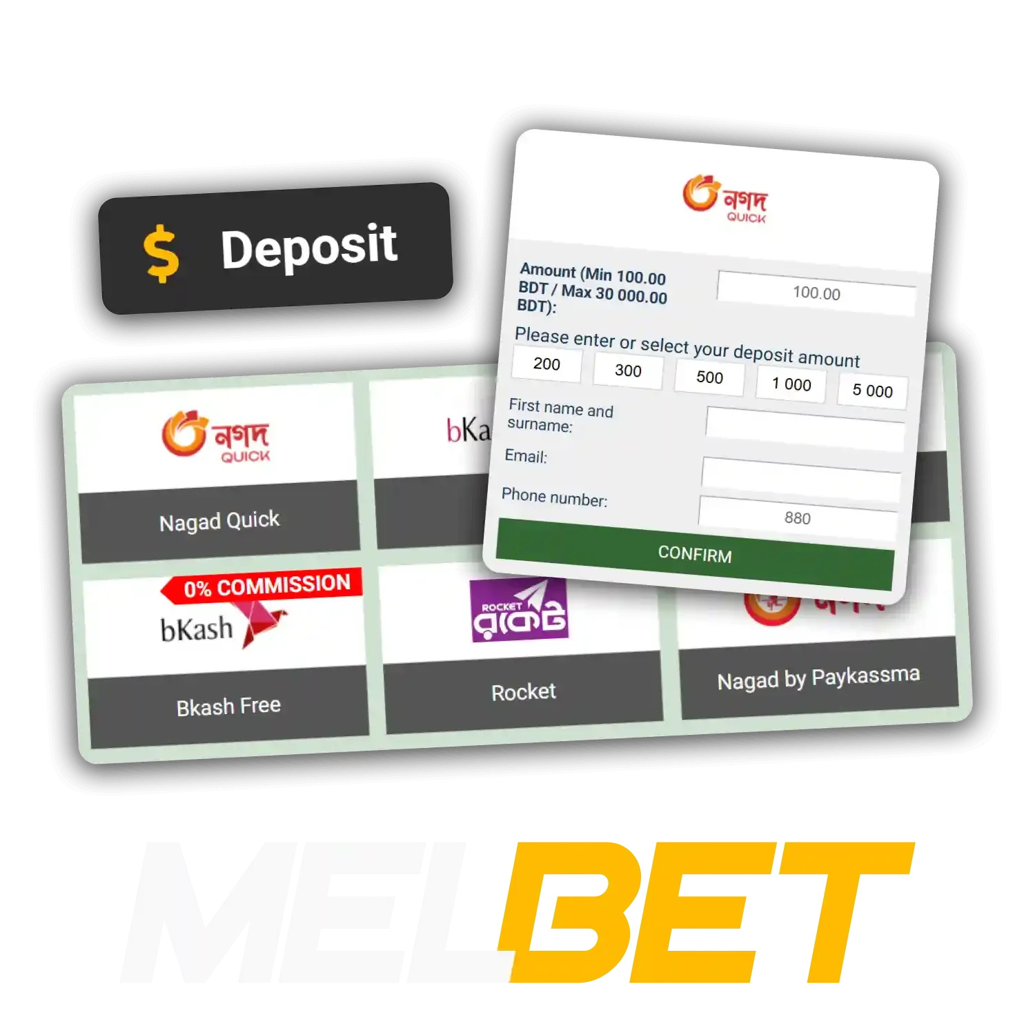 Melbet offers many popular deposit methods for Bengali players.